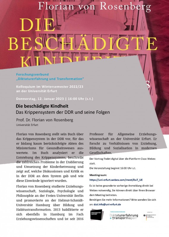 12. Januar 2022, Online-Kolloquium, Florian von Rosenberg, »Die beschädigte Kindheit. Das Krippensystem der DDR und seine Folgen«