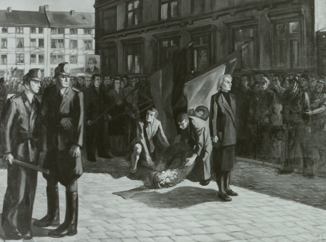 Werner Laux »Dem Parioten Philipp Müller«, Berlin 1953 (Ausgestellt auf der 3. Deutsche Kunstausstellung im Albertinum in Dresden 1953). Foto: Deutsche Fotothek Dresden