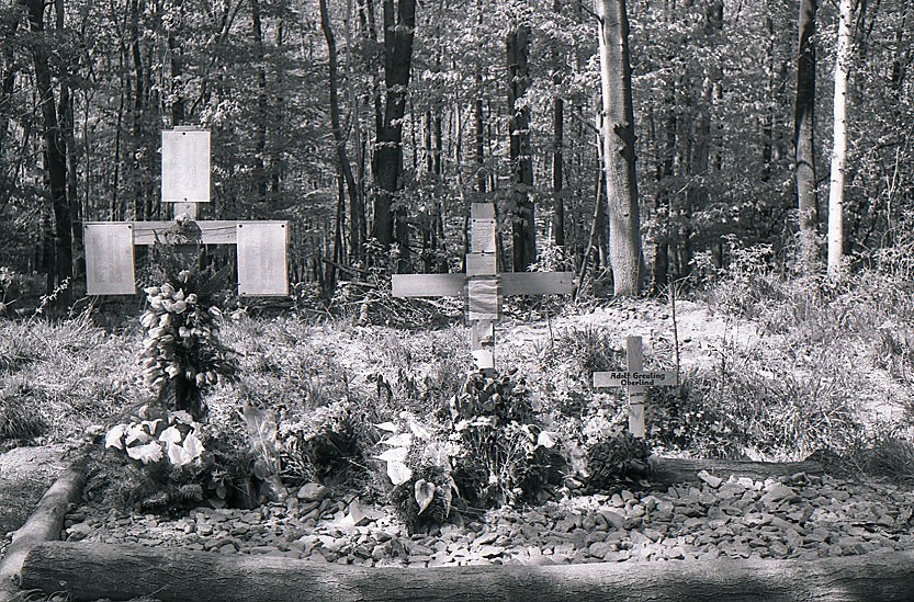 Auf einem improvisierten individuellen Trauerplatz in der NMG Buchenwald erinnern Angehörige mit Holzkreuzen und Suchlisten der Toten des Speziallagers Nr. 2, Mai 1990. Foto: Stiftung Gedenkstätten Buchenwald und Mittelbau-Dora (SGBUMD)